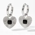 Silver heart hoop earrings with black obsidian square stone and textured metal finish - Platinum Black (PDE821)
