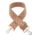 Detail of 5cm wide jacquard bag strap with golden spring buckles and geometric pattern - Tan