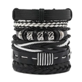 Men's multilayer leather bracelet set with woven ropes and black-white punk style beads - Black