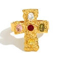 18K gold plated stainless steel cross ring with five colorful oval gemstones - Cross Multi-color Zirconia (Gold)
