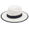 White woven fedora straw hat with black grosgrain ribbon and metal M letter logo detail - Pure White