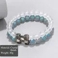 Men's double layer stretch bracelet set with hematite crystal beads and dumbbell charm - 21020218 Crystal Bead Dumbbell