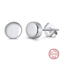 Macro shot of minimalist S925 sterling silver stud earrings with polished finish and logo - APE41-P-Silver Disc