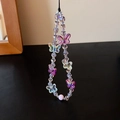 Multi-layer crystal beaded bracelet with iridescent butterfly charms in purple and pink - Iridescent Butterfly Crystal Charm Chain