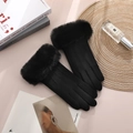 Elegant black winter thermal touchscreen gloves with faux fur trim and suede finish - Woolen Triple Line Fur Cuff / Black