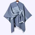 Detail of blue-grey plaid knit poncho featuring fine white fringe and soft fabric texture - Horizontal Stripe with White Fringe and Slash / Navy Blue