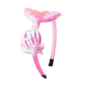 Detailed view of pink mermaid headband with sequins, seashell, and starfish decorations. - Pink