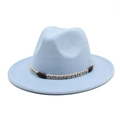 Detail of light blue wool felt fedora featuring a zigzag woven band and rustic cord wrap - Sky Blue