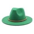 Close-up of green wool fedora with brown braided leather band and gold metal beads - Grass Green