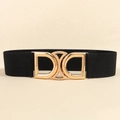 Elastic black waist belt for women featuring a stylish gold geometric double-D buckle - Black (19763)