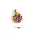 Golden stainless steel letter K pendant with purple enamel inlay, 17mm round charm - Letter K