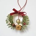 Mini Christmas wreath with red bow, golden bell, pine cones and orange slice hanging decor - Wooden Ring Bell Wreath 10cm