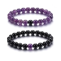 8mm Tiger Eye and Turquoise bead bracelet set for men and women in purple and black - Two-Piece Set / Amethyst & Shiny Black