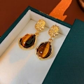 Vintage style gold plated hoop earrings featuring teardrop tiger eye stone pendants - Real Gold Plated Silver Earring Post Water Drop Tiger Eye Stud