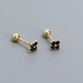 Clou d'oreille trèfle en argent S925 doré avec des pierres de zircone noires - Plaqué Or - Zircon Noir