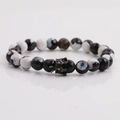 8mm black and white marble stone beaded bracelet with black metal crown for men - Black and White Ink Texture