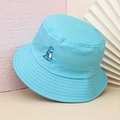 Detailed close-up of blue sun hat featuring a small embroidered dinosaur on cotton fabric - One Size / Blue