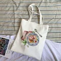 White canvas tote bag with hand-drawn strawberry pancake illustration and dual straps - C4 Strawberry Pancakes