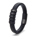 Men's minimalist black braided leather bracelet with stainless steel beads and magnetic clasp - Black Black Buckle