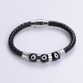 Bracciale da uomo in pelle nera intrecciata con perle Evil Eye e chiusura magnetica - Color Acciaio