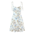 Weißes Blumenkleid mit Spaghettiträgern, blauem Blumendruck und Rüschensaum - S / Weiß Blumig