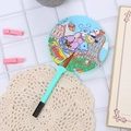 Cartoon character fan pen in mint green and blue featuring theme park coaster print - Youth Group Blue