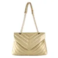 Quilted champagne gold shoulder bag with V-shaped stitching and chain strap - Gold