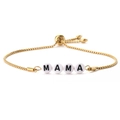 Detail of adjustable 14K gold plated box chain bracelet with MAMA letter beads - Gold Box Chain-White MAMA
