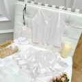 Three-piece white satin sleepwear set with camisole top, ruffled shorts and drawstring bag - S / White 3-Piece Set (Including Storage Bag)