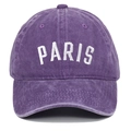 Detailed view of white PARIS embroidery on vintage washed purple cotton baseball cap - Purple