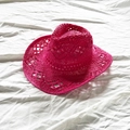 Bright pink hand-woven hollow straw cowboy hat for sun protection with a wide brim - M (56-58cm) / Rose Red