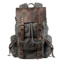 Retro grey canvas backpack with brown leather accents and multi-pocket design on white background - Gray