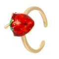 Detail of a golden strawberry ring with red enamel and green leaves on white background - Adjustable Open / Gold Strawberry Style