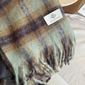 Thick green and brown plaid scarf with fringe tassels and a branded woven label - Green Checkered