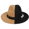 Detail of camel and black felt fedora featuring white pearls and metal rivets on band - Black Khaki With Pearls