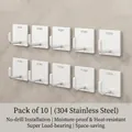 Set of 10 adhesive 304 stainless steel wall hooks with white square base for bathroom - Bright White - 10 Pieces