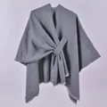 Detailed close-up of dark grey knitted shawl showing fine twill texture and fringed edges - White Fringe with Stripe / Gray