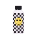 Close-up of checkered stainless steel water bottle with yellow heart eye smiley face - White Style 17C