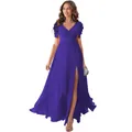 Detail of royal blue chiffon gown featuring a deep V-neck, ruffle sleeves and high leg slit - US size 2 (S) / Bottoms / Sapphire Blue