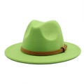 Detail of lime green wool felt Fedora hat featuring a textured brown faux leather belt - M (56-58cm) / Fruit Green