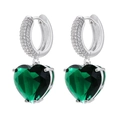 Macro detail of silver hoop earrings featuring emerald green heart zircon and pave settings - Silver Base Green Zircon 1 Pair