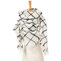 Women's plaid triangle scarf in white and black grid with soft fringe detailing - Cream/Beige Plaid