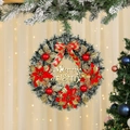 Detail of Christmas wreath with red poinsettia, gold leaves, and Merry Christmas sign - Red Ball Style / 42*42*9cm