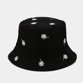Cappello da pescatore nero in cotone con ricamo a margherita e parasole - M (56-58cm) / Reversibile Nero