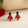 Red rhinestone Christmas tree stud earrings with black stars and golden alloy base - Red Stone Christmas Tree (EAR0038)