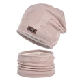 Winter knit beanie and neck warmer set in warm beige with thick fleece lining - Beige