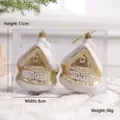 Suspensions de maison de Noël blanches avec paillettes dorées, hauteur 11cm avec boîte - Ornement Maison Dorée (Lot de 2)