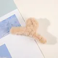 Large plush hair claw clip in beige faux fur finish for securing long hair styles - Plush Solid Color Claw - Light Khaki
