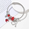 Silver stainless steel swan charm bracelet with red gemstone and handmade heart pendants - Red