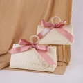 Beige triangular wedding favor box with wooden ring handle and pink silk ribbon - New Beige Box + Pink Ribbon / Small Size (do Not Use Wooden Rings)
